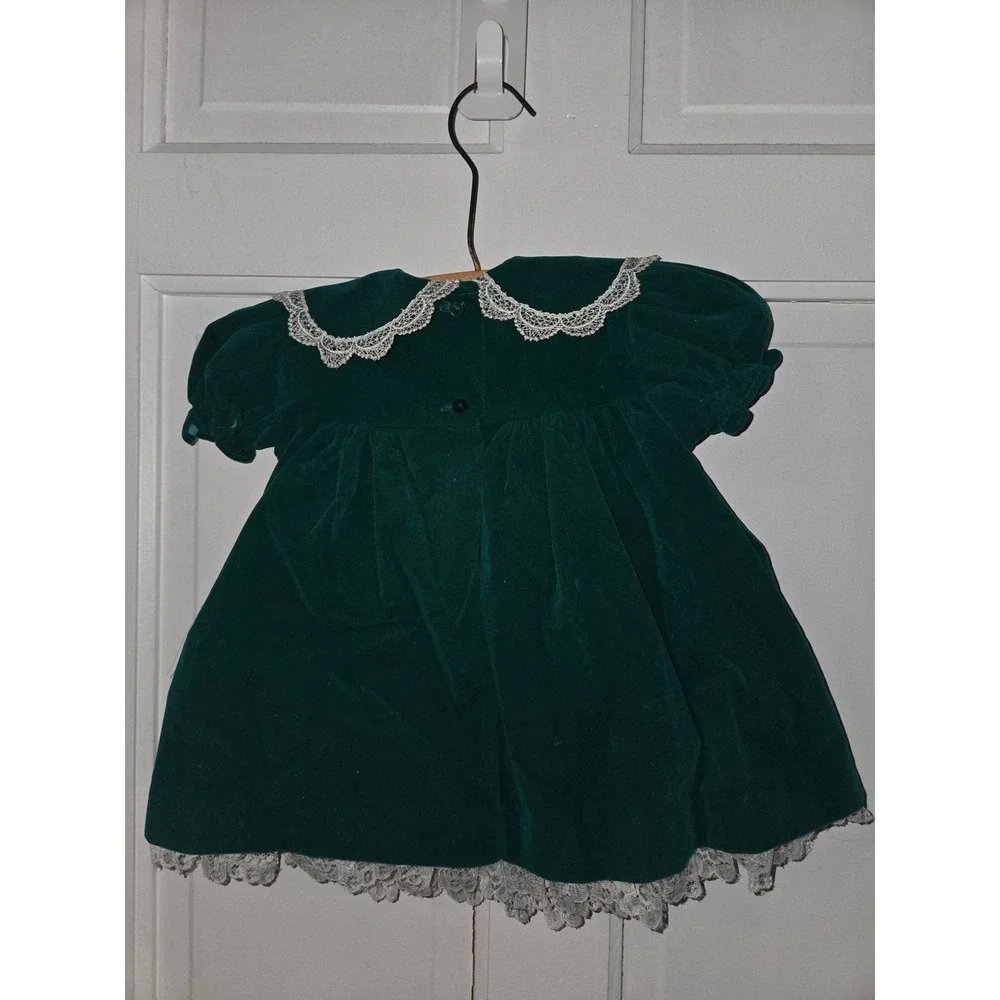 Jo Lene Velvet‎ Dress Baby Girl 12M Green Good Vintage Holiday Lace Coquette
